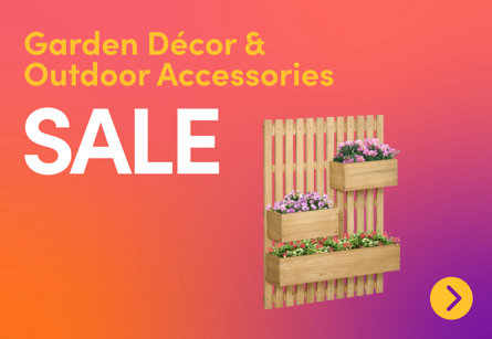 Garden Décor and Outdoor Accessories sale featuring a wooden wall-mounted vertical planter with three tiered boxes filled with colourful flowers.