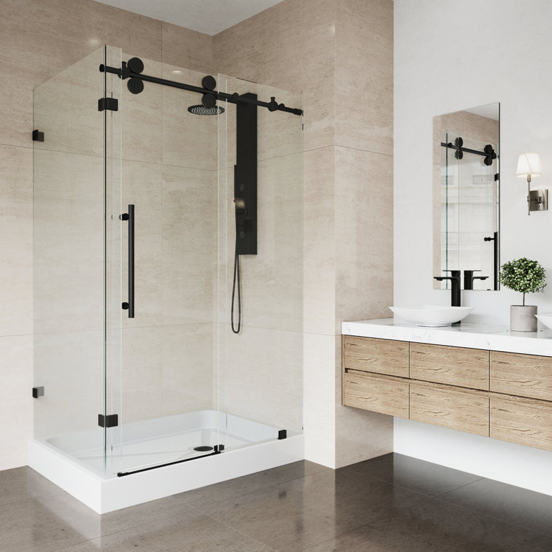 Cabine de douche coulissante sans cadre avec verre transparent 3/8 et base Winslow l 48 po x P 36 po x H 80 po, Droite