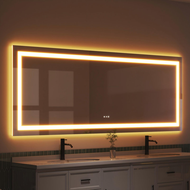 Led Bathroom Durable Tempered Mirror 72x 32, Dimmable Vanity Mirrors For Wall, Anti-fog, 3 Colors Adjustable, Memory, Double Led Lights ( Front And Backlit )
