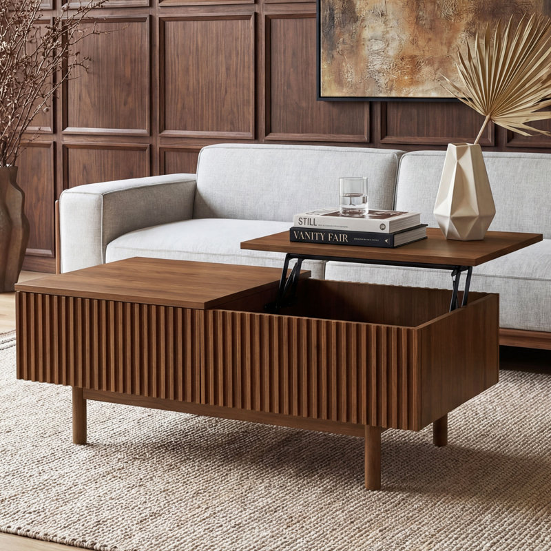 Table basse à plateau relevable 51,1 po avec rangement caché et tiroirs latéraux Mid-Century