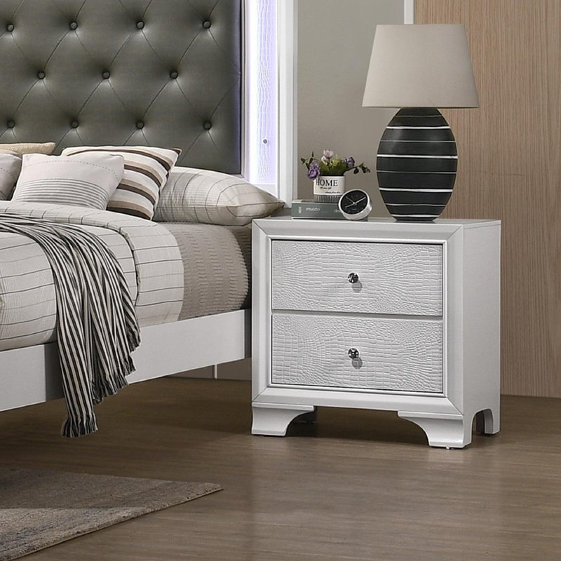 1pièce de table de chevet moderne à deux tiroirs de style Glam, Blanc
