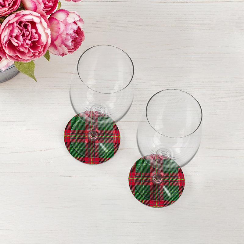 Tartan Blue Vegan Leather Round Coasters, Green