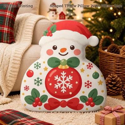 Joyful Snowman Holly Bauble and Santa Hat Shaped Throw Pillow Modern Graphic Style for Sofa Christmas Winter Home Decor Cozy Seasonal Decoration 2D Flat Printing Shaped Stuffed Throw Pillow, 2D Flat 55cm