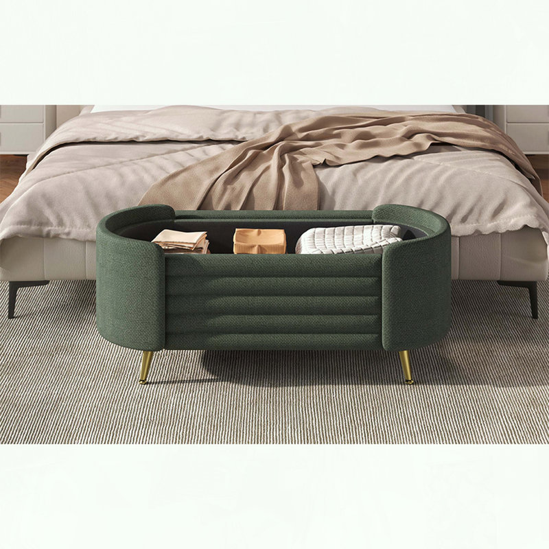 Modern Oval Chenille Storage Bench with Metal Legs, Green
