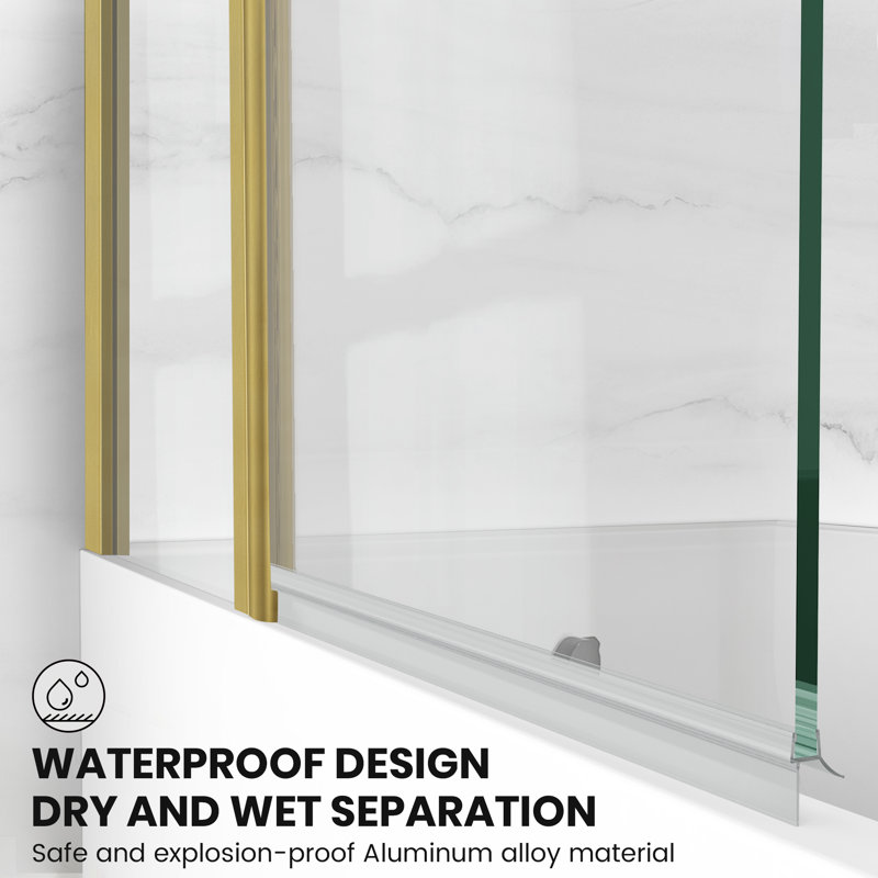 43" W X 58" H Frameless Pivot Foldable Bathtub Door With 1/4" Clear Tempered Glass And Towel Bar, Brushed Gold