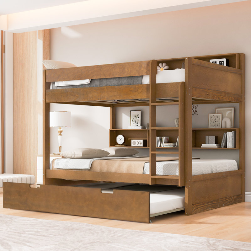 Twin over twin Bunk Bed with Trundle, Built-In Storage Shelves, Wooden White Space-Saving Kids Bunk Bed, Antique Wood