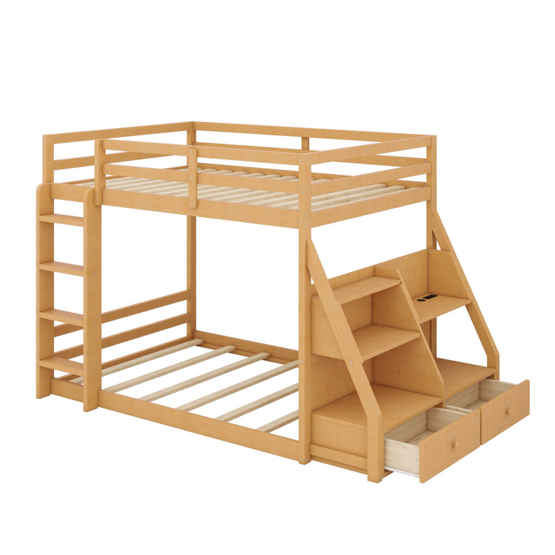 Stylish Bunk Bed Featuring LED Lights, USB Ports, Shelves and Storage Drawers, Natural