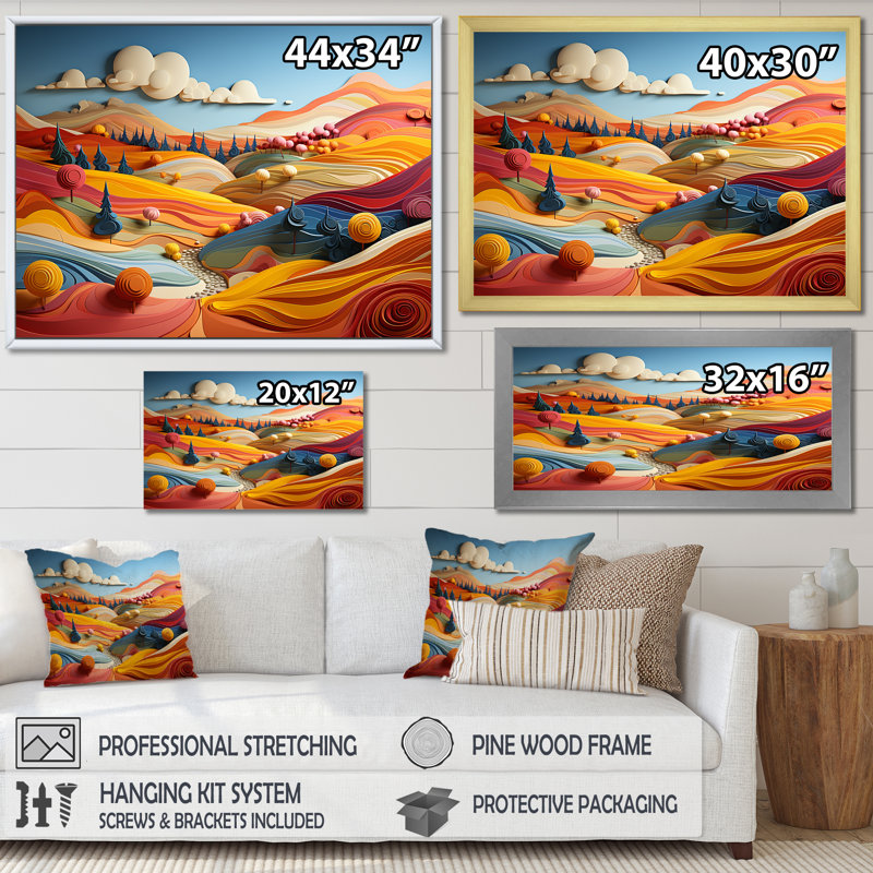 «Whimsical Fields of Color Landscape» - campagne grand art mural, Cadre simple noir, H 24 po x l 32 po x P 1 po