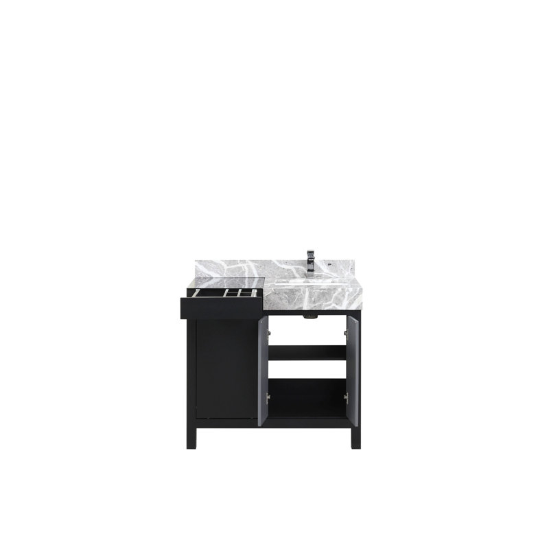 Meuble-lavabo noir et gris l 36 po x P 22 po - comptoir et robinet en marbre gris, grattoir, fermeture en douceur, nombreuses options de rangement avec armoire et tiroirs Dans le robinet, un intérieur trois