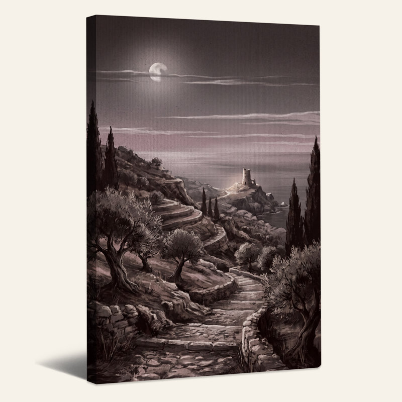 Tableau sur toile d'Halloween représentant une tour côtière au clair de lune et des cyprès, 40"H x 28"W