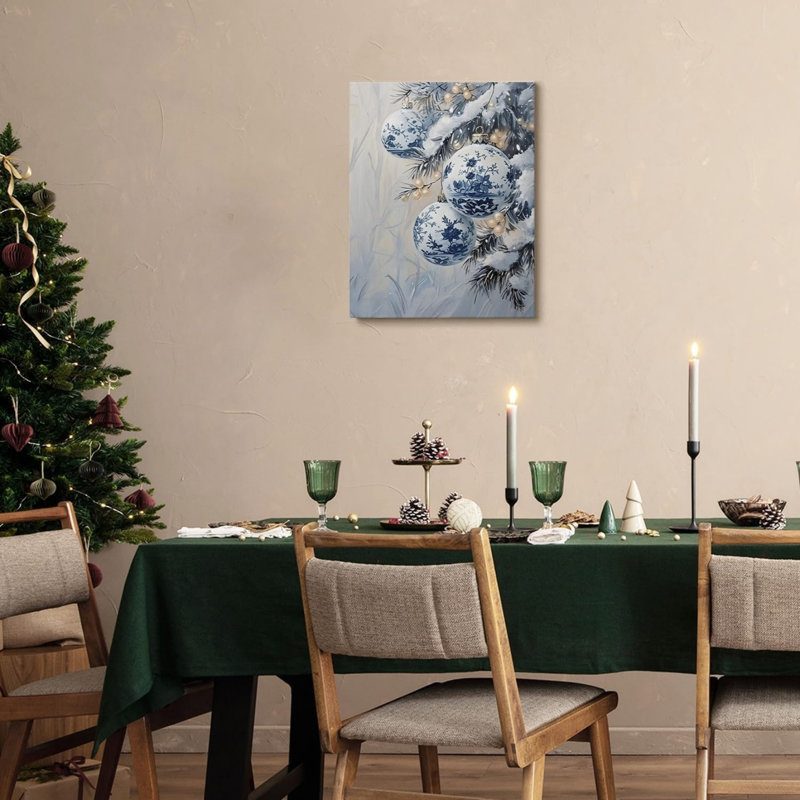 Art mural en toile de Noël chinois bleu marine et blanc 16 po x 20 po