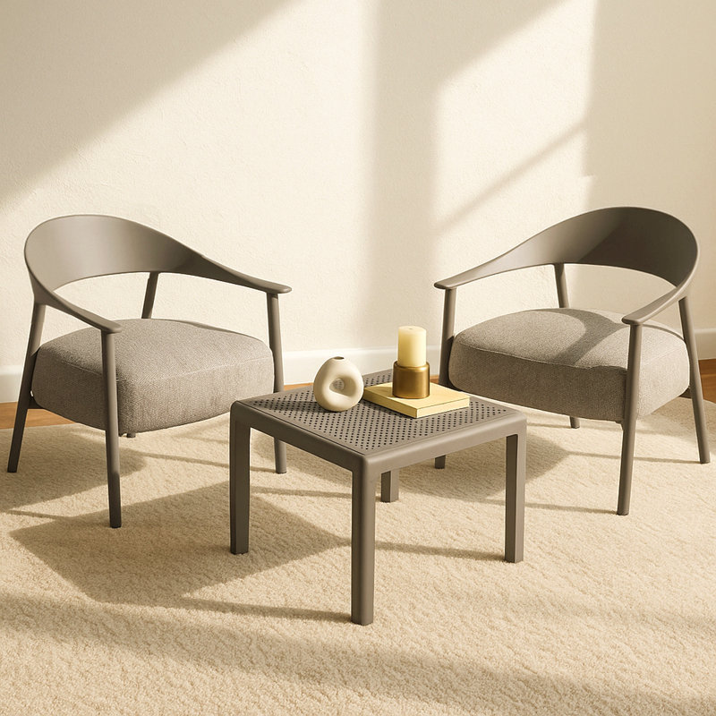 Summer - Ensemble de chaises d'appoint modernes 2 pièces avec table basse - Ensemble de canapé en PP et cadre en acier gris chaud, sièges rembourrés pour le salon, le salon et le balcon (2 chaises + 1 table)