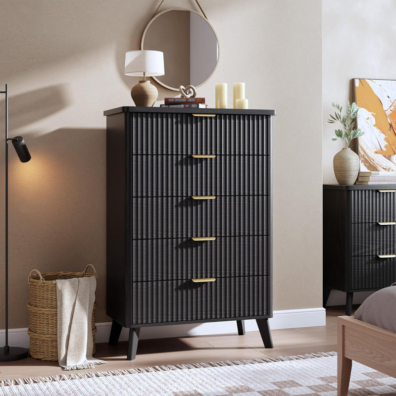 Commode pour chambre à coucher avec 5 tiroirs profonds, commode de 47,2 po de hauteur, conception à profil courbé, Noir