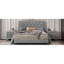 Grand lit plateforme gris avec rivet et tête de lit embelli, revêtu de velours, de contreplaqué et d'une touche de garniture moderne, confortable