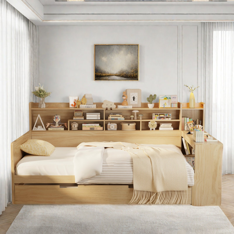 Multifunctional Wooden Daybed With Storage Shelves, Study Desk And Trundle, White, Full