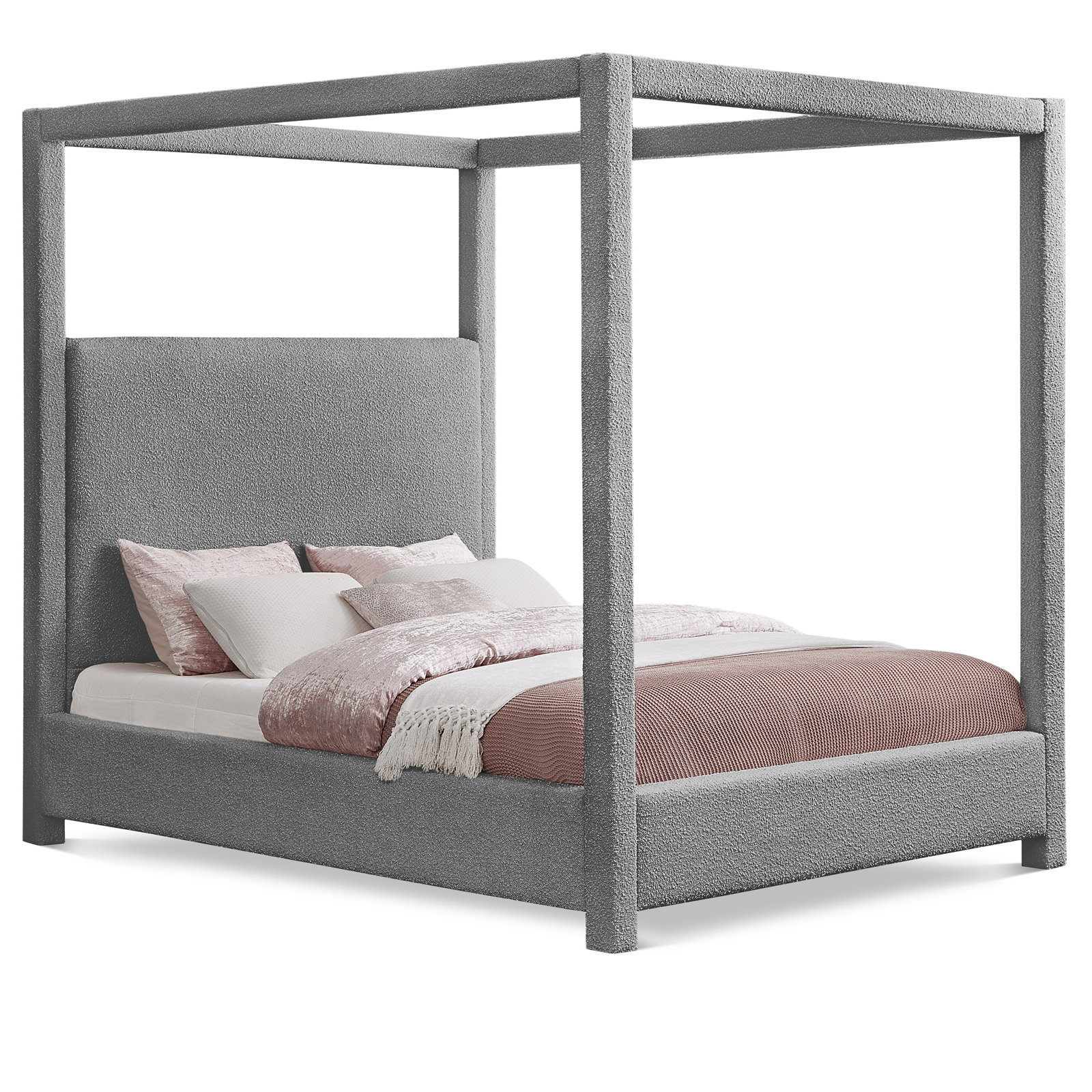 Eucalyptus Canopy Bed, Queen, Grey Boucle Fabric