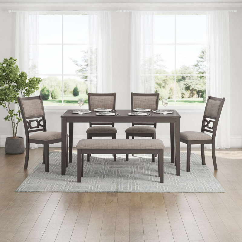 Table de salle à manger Leangelo, 4 chaises et banc (ensemble de 6), Gris foncé, Gris foncé, Gris foncé / Gris