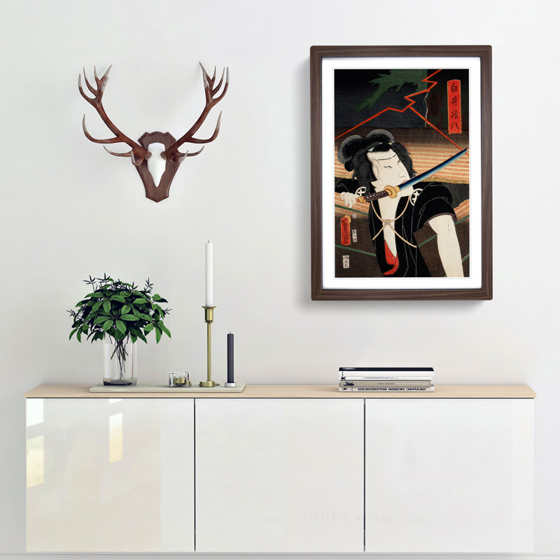 Man with a Samurai Sword by Toyohara Kunichika - Picture Frame Art Print, 65cm H x 48cm W x 2cm D, Walnut Framed