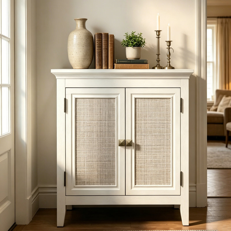 Buffet blanc à 2 portes en rotin blanc Boho, crédence de rangement intérieure réglable à 3 hauteurs, armoire d'appoint en panneau de fibres à densité moyenne CARB P2 avec ensemble anti-basculement pour la salle à manger, le vestibule et le salon