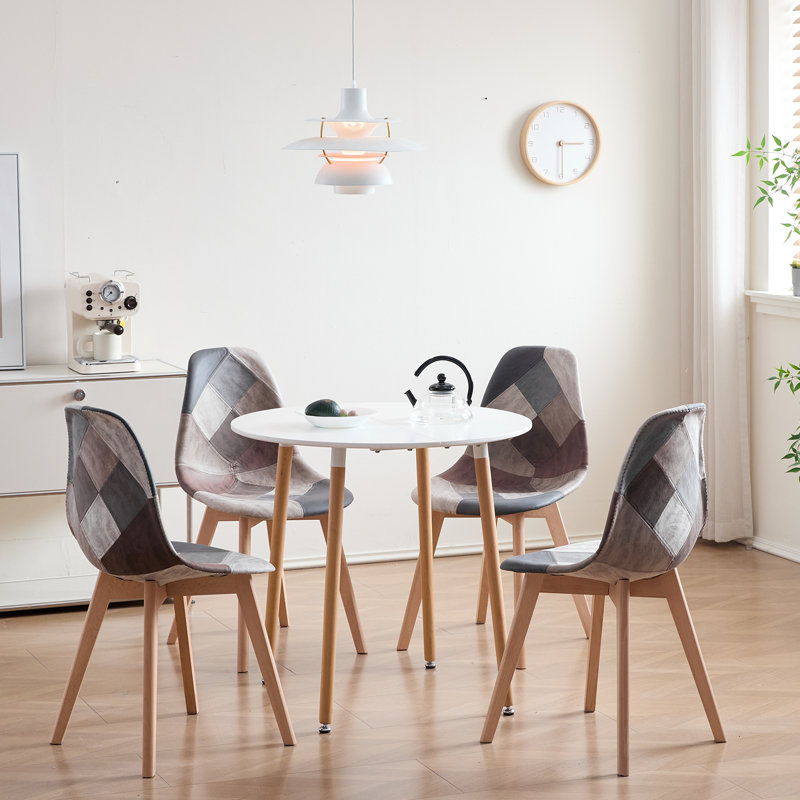 40.5cm Patchwork Linen Nordic style Dining Chairs with Solid Wood Legs, Brown/Grey