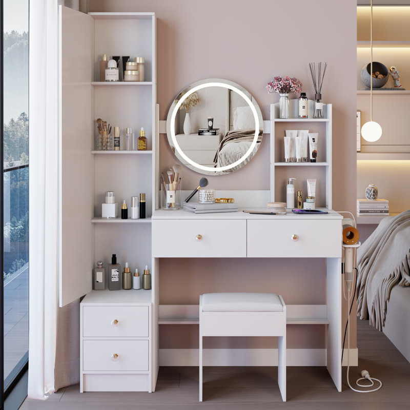 Armoire à miroir pleine grandeur + coiffeuse à miroir rond à DEL + tabouret rembourré, avec 2 centrales électriques + 2 centrales USB, miroir à DEL de 17 po de diamètre, commande tactile, 3 couleurs, luminosité réglable, grand bureau, coiffeuse d