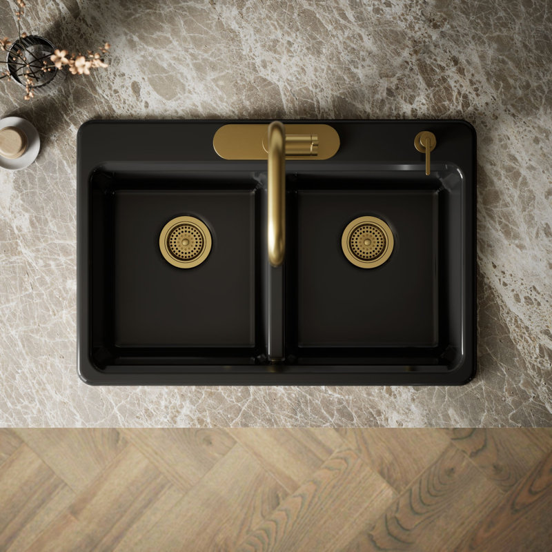 Riverby 33 In. Top-Mount Double-Bowl Kitchen Sink, Black, 4 hole, Double-equal bowls