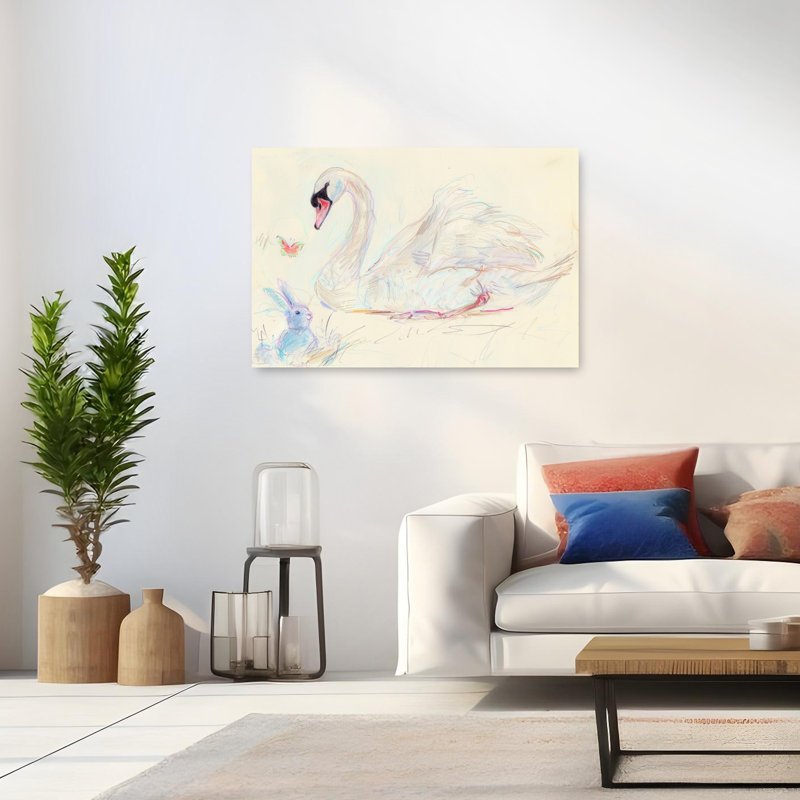 Gentle Swan Rabbit Butterfly Contemporary Butterfly Bird Rabbit Forest Wall Art Print by Mathieu - Wrapped Canvas Print