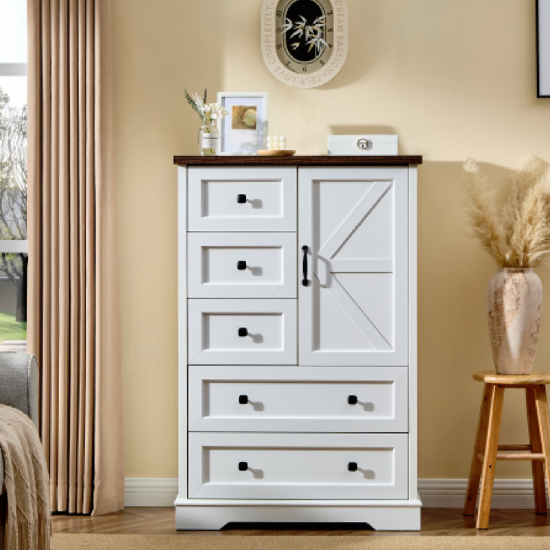 Commode 48 po pour chambre à coucher, commode de ferme avec 5 tiroirs en bois et armoire de rangement, Blanc