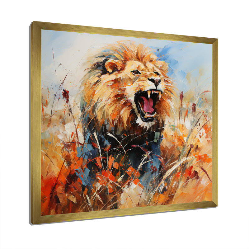 Lion, portrait sauvage Serenade 3 - décoration murale animal lion, Cadre doré simple, H 16 po x l 16 po x P 1 po