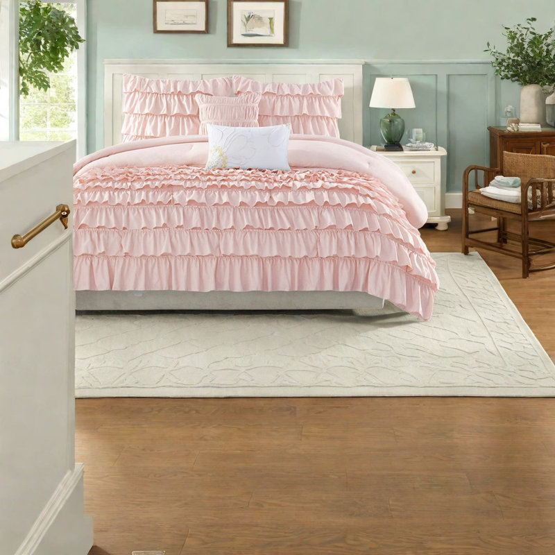 Elegant Blush Bedding Sets, Hypoallergenic Polyester, Ruffled Design For Home