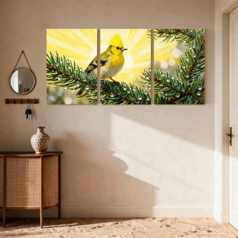 Birds Yellow Bird On Pine Branch With Dewdrops Set of 3 Canvas Wall Art Prints, 30" H x 60" W