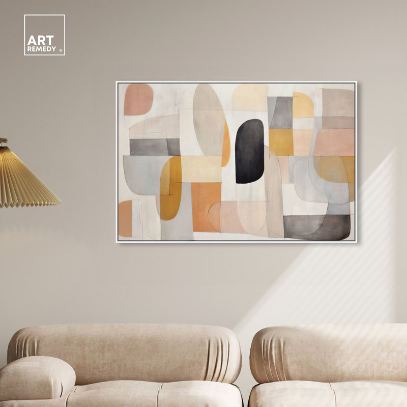 Eleanada Beige and White Abstract Canvas Wall Art with White Floater Frame