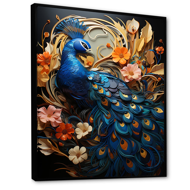 " Majestic Blooming Plumage Peacock I ", Black Floater Frame, 32" H x 16" W x 1" D