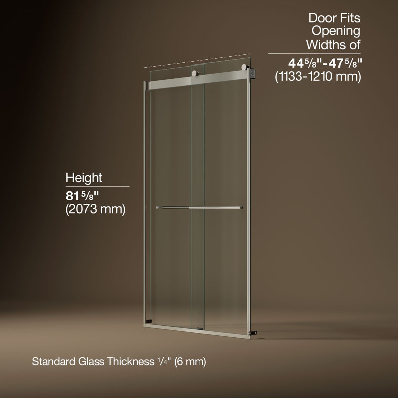 Levity Plus Less Sliding Shower Door, 81-5/8 In. H X 44-5/8 - 47-5/8 In. W, With 3/8 In.-Thick Crystal Clear Glass, Nickel