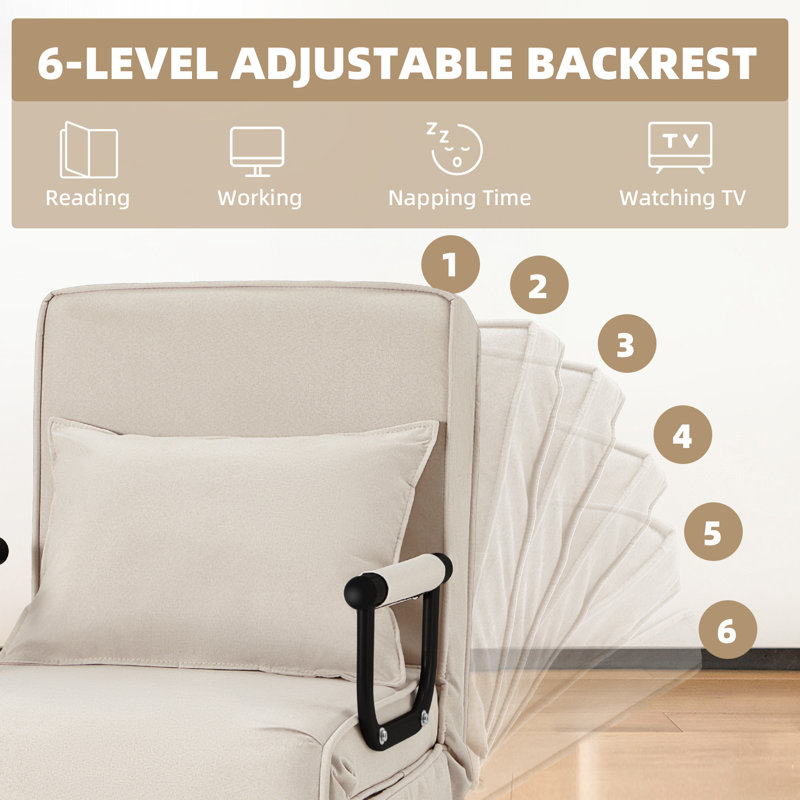 Convertible Sofa Bed Sleeper Chair, Single Person Chaise Lounge Couch W/ Pillow, Foldable Sofa Arm Chair W/ 6 Angles Adjustable Backrest, Folding Bed For Office Guest Room