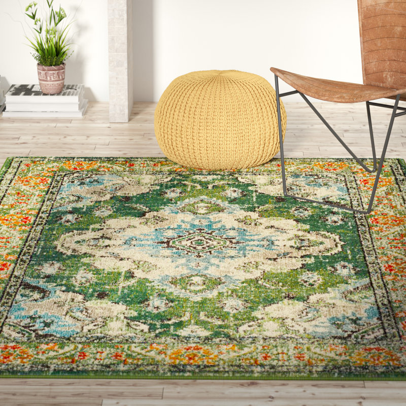 Almyra Oriental Area Rug, Square 3', Forest Green/Light Blue