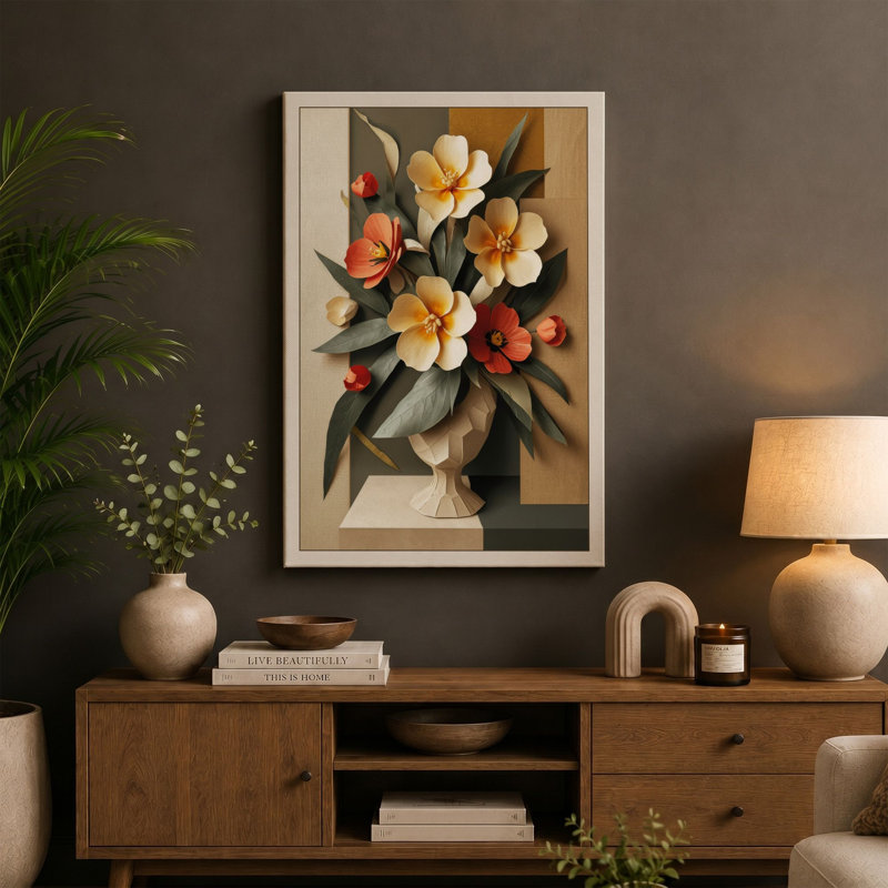 Pedestal Arrangement Botanical - Wrapped Canvas, 24x16 - 61.0 x 40.6 cm, Cream Border