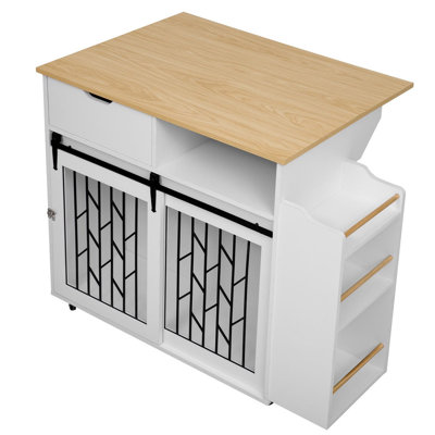 Cream White Dog Furniture End Table with Wheels,Modern Dog Crate Kitchen Island With Storage for Small-Medium sized Dogs