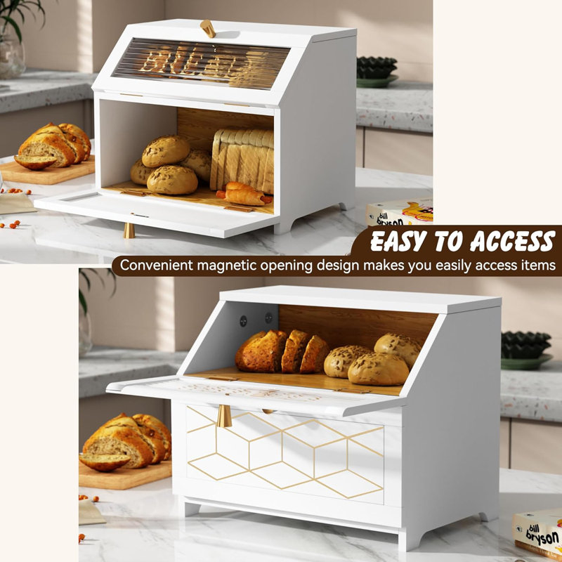 Double Layer Bread Box With Golden Trim,White1, White