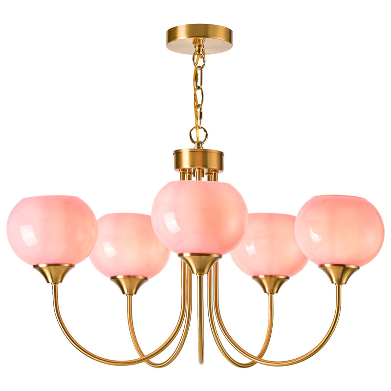 Pink Glass Globe Chandelier, 5 Light Mid Century Modern Chandeliers, Pink, Suspension Chain, 5 Lights