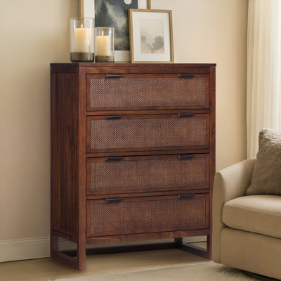 Ameer Modern Boho 4-Drawer Dresser with Rattan Inlay Fronts, Faux Leather Pulls & Solid Wood For Bedroom Storage Organization