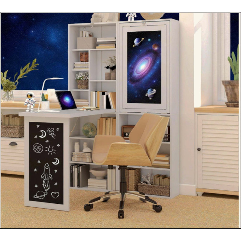 Foldable Computer Desk with Blackboard, Multi-Functional Writing Study Desk with 3-Tier Adjustable Shelf, Space-Saving Wall Mounted Workstation for Home Office