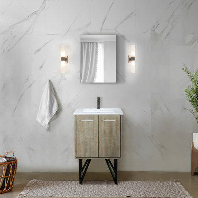 Meuble-lavabo rustique de 61 cm de large pour salle de bain, comptoir en quartz blanc, robinet en métal et miroir de 46 cm - Surface résistante aux rayures et aux taches pour une durabilité accrue.