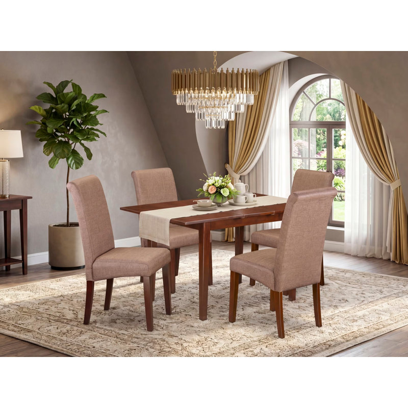 L'ensemble de salle à manger 5 pièces comprend une table de salle à manger rectangulaire avec feuille papillon et 4 chaises rembourrées en tissu de lin brun, acajou
