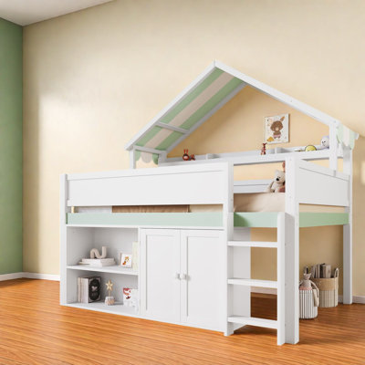 Lit mezzanine peu encombrant avec rangement, bois massif, design moderne pour la famille