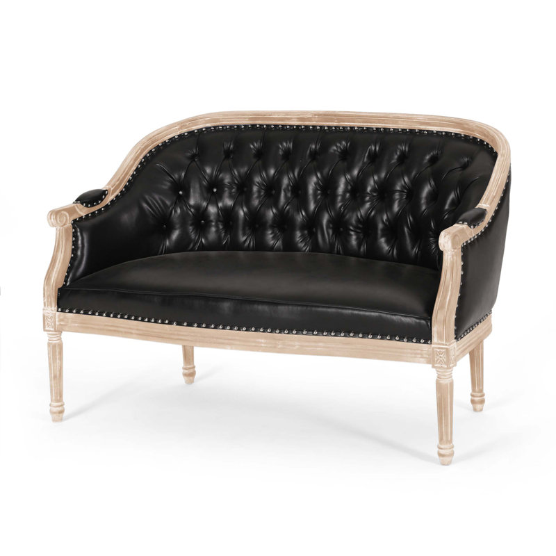 Atenea 49.5'' Upholstered & Birch Wood Loveseat, Midnight Black, Natural