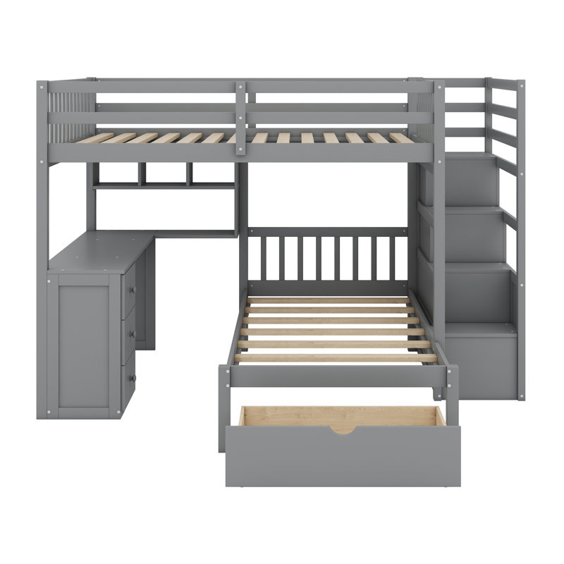 Bunk Bed With Desk, Drawers And Shelves, Gray