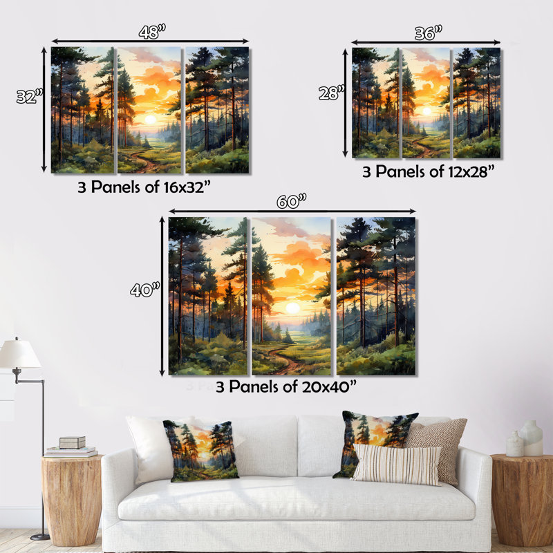 «Pine Tree Sunset Glow I», art encadré pin, H 12 po x l 20 po x P 1 po, Cadre flottant brun