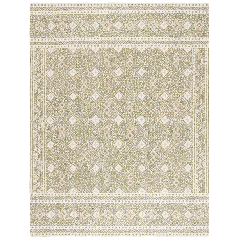 Tapis en laine / coton touffeté à la main Decklen en ivoire / vert, Rectangulaire 8 pi x 10 pi