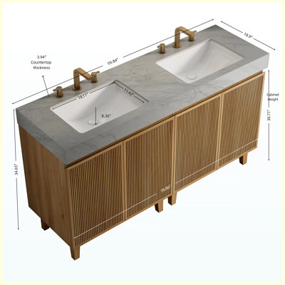 Meuble-lavabo autoportant de 60 po avec lavabo, plateau en pierre frittée crème et 2 lavabos en céramique, armoire à grain de bois naturel, 3 trous de robinet pré-percés